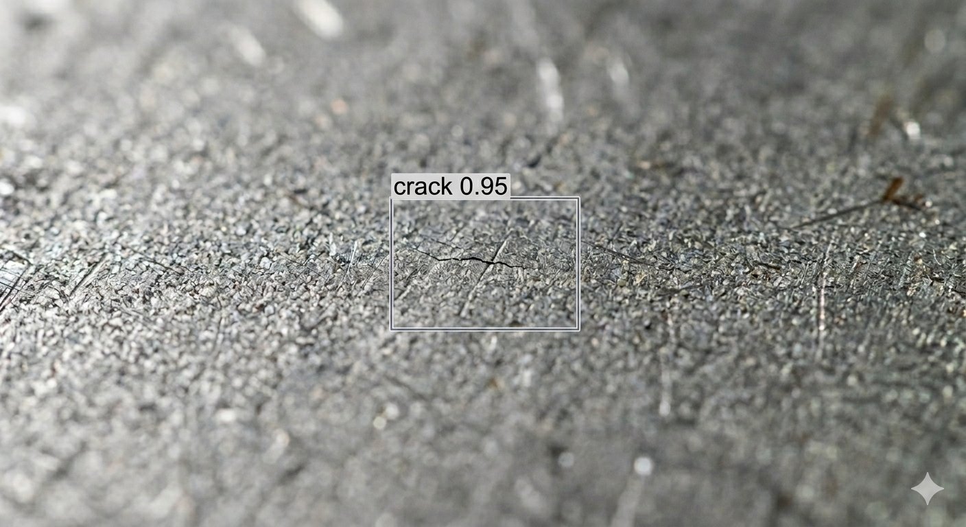 AI defect detection identifying a crack on metal surface with 0.95 confidence bounding box