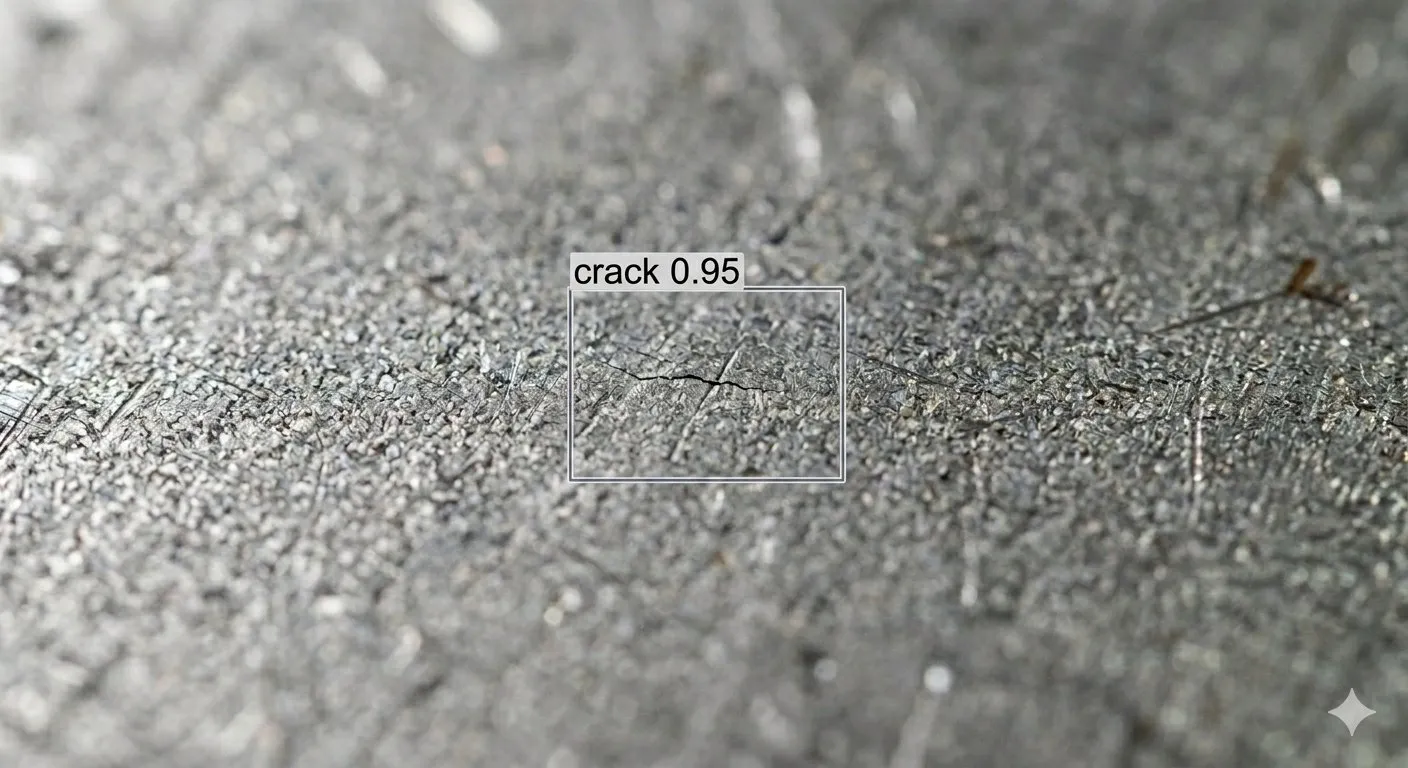 Close-up metal surface with a crack detected by AI