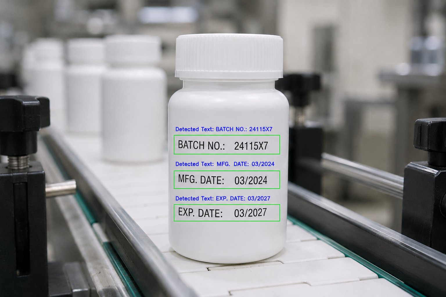 OCR reading batch number, manufacturing date, and expiry date from a pharmaceutical bottle on a conveyor line