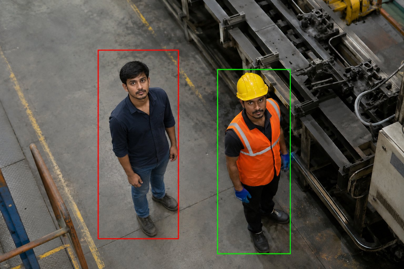 PPE detection identifying compliant worker with hard hat and safety vest in green box, non-compliant worker without PPE in red box
